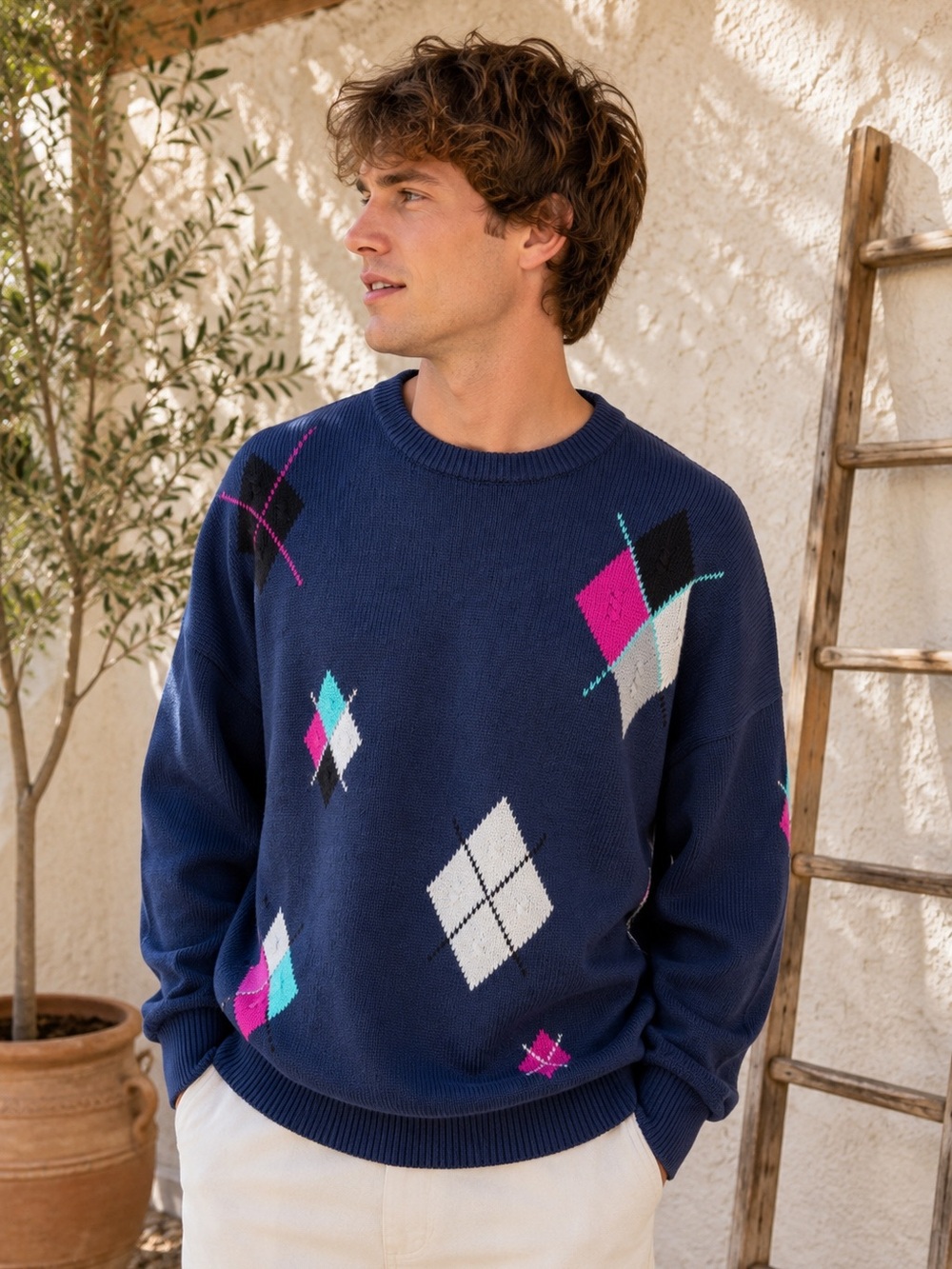 Woodstock by Bernard Vintage 100% Cotton Argyle Sweater | Navy Crewneck | Large